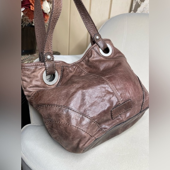 Vintage Fossil Brown Leather Bronze Chrome Studded Hobo Shoulder Handbag - Picture 3 of 6